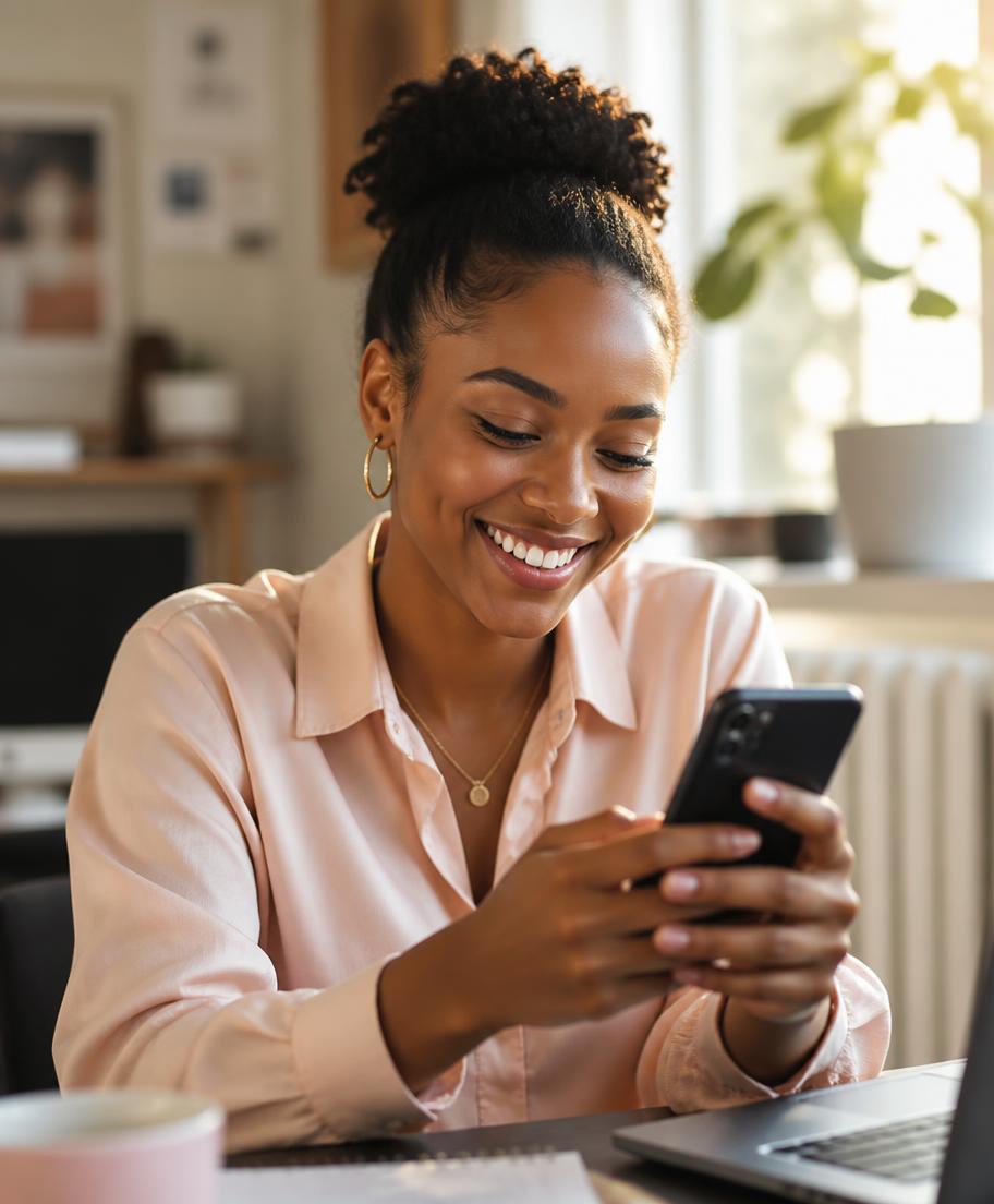 A smiling South African worker checking her payslip on her phone